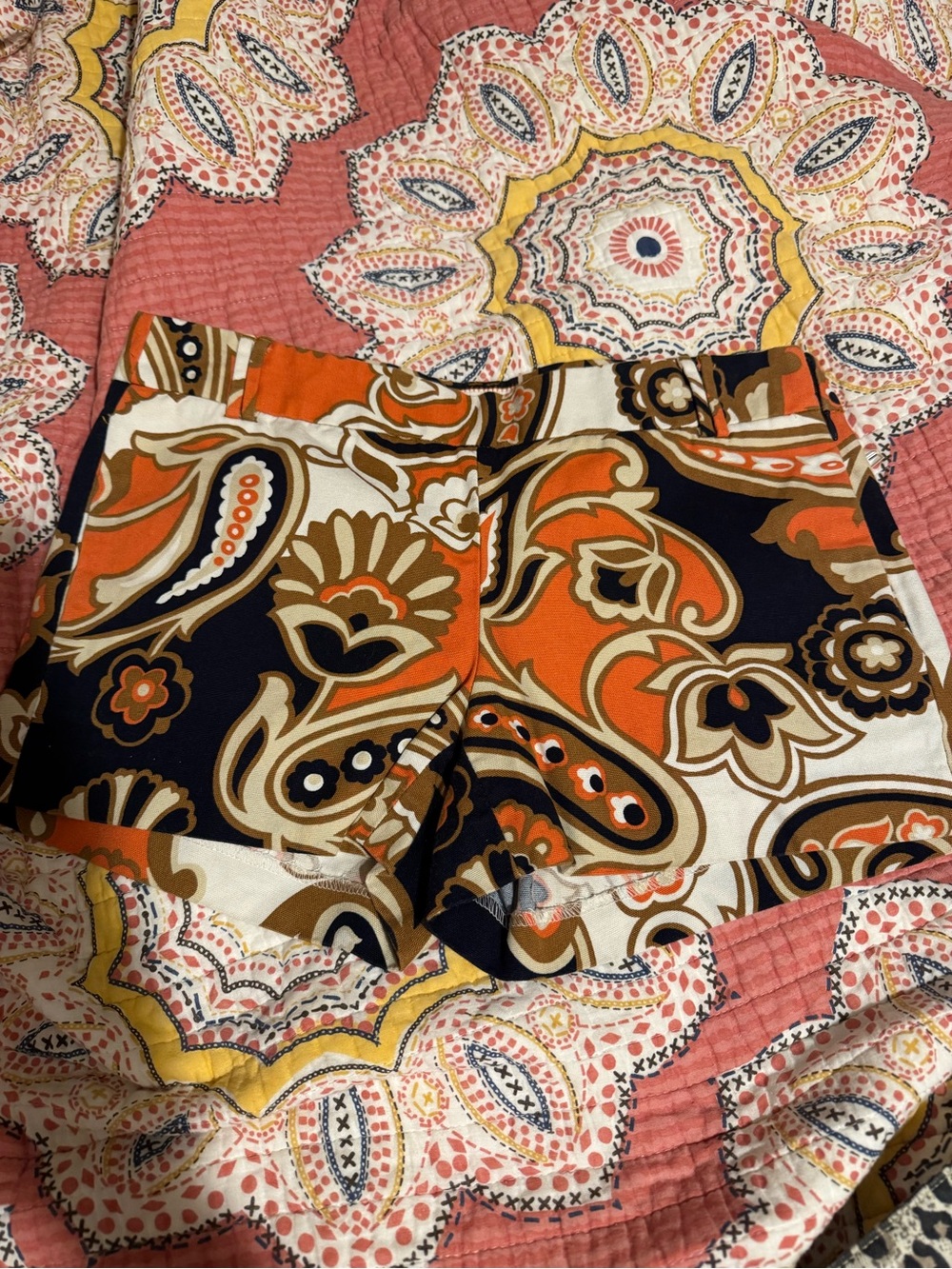 J. Crew Retro Paisley High-Waist Shorts in Orange, Navy & Cream